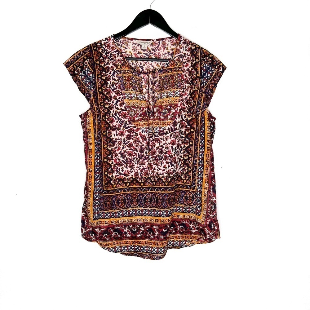 Lucky Brand Blouse Short Sleeve Floral Print Boho Drawstrings